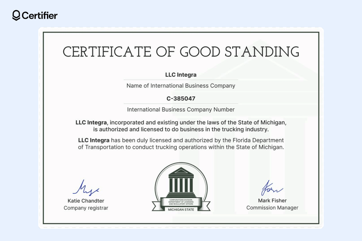The certificate of status with double frame, a white background with delicate gray elements, the title is written in large font, the text is centered, at the bottom is the signature of the company registrar.