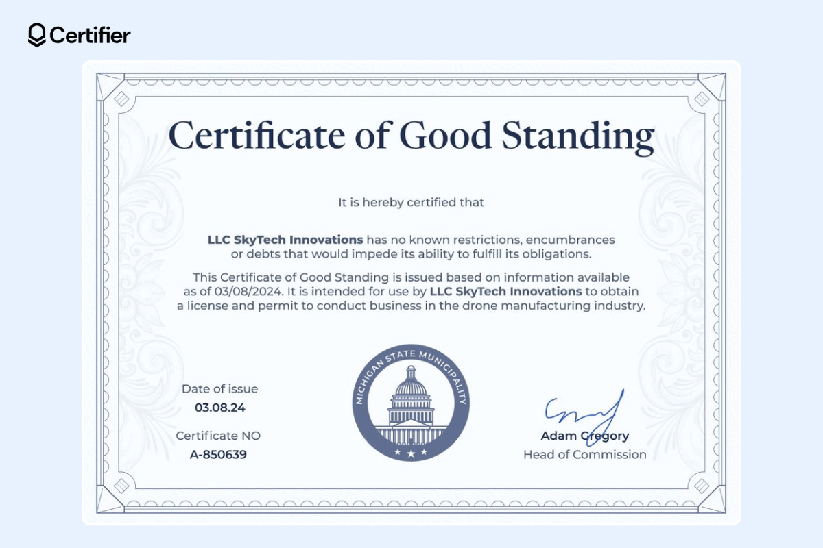 An ornamental certificate of good standing with a richly decorated frame and background, a large logo, a handwritten signature, an issuing date and a certificate number.