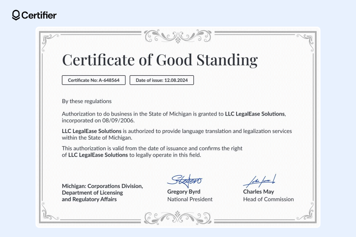  traditional state-issued document with decorative framed elements, large title, left-aligned text, signatures at the bottom, the bold text which highlights essential information, certificate number and certificate date.