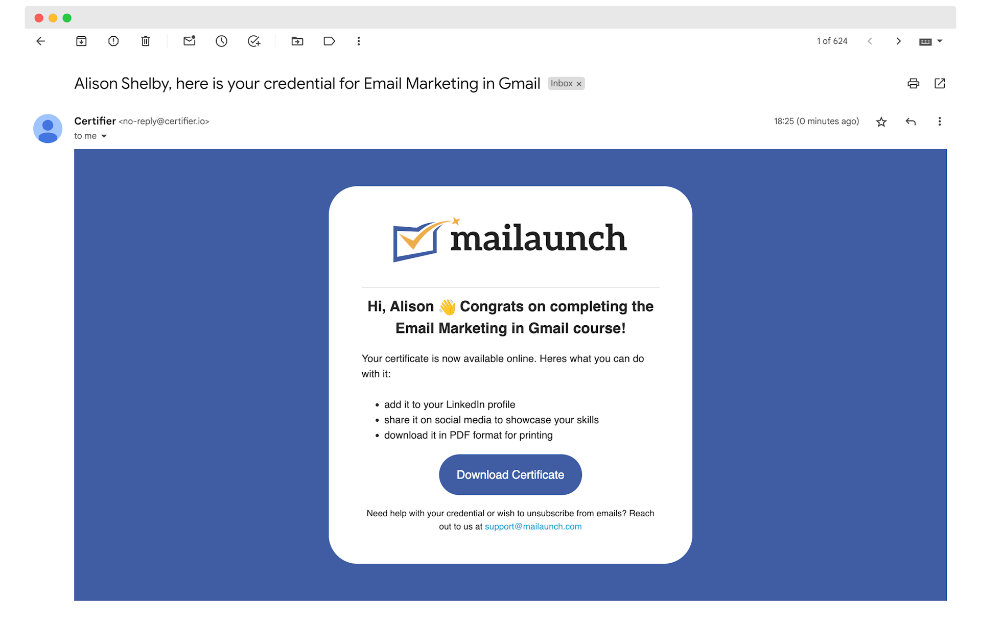 Sample email for sending certificate of participation generated in Certifier with blue CTA button to download certificate.