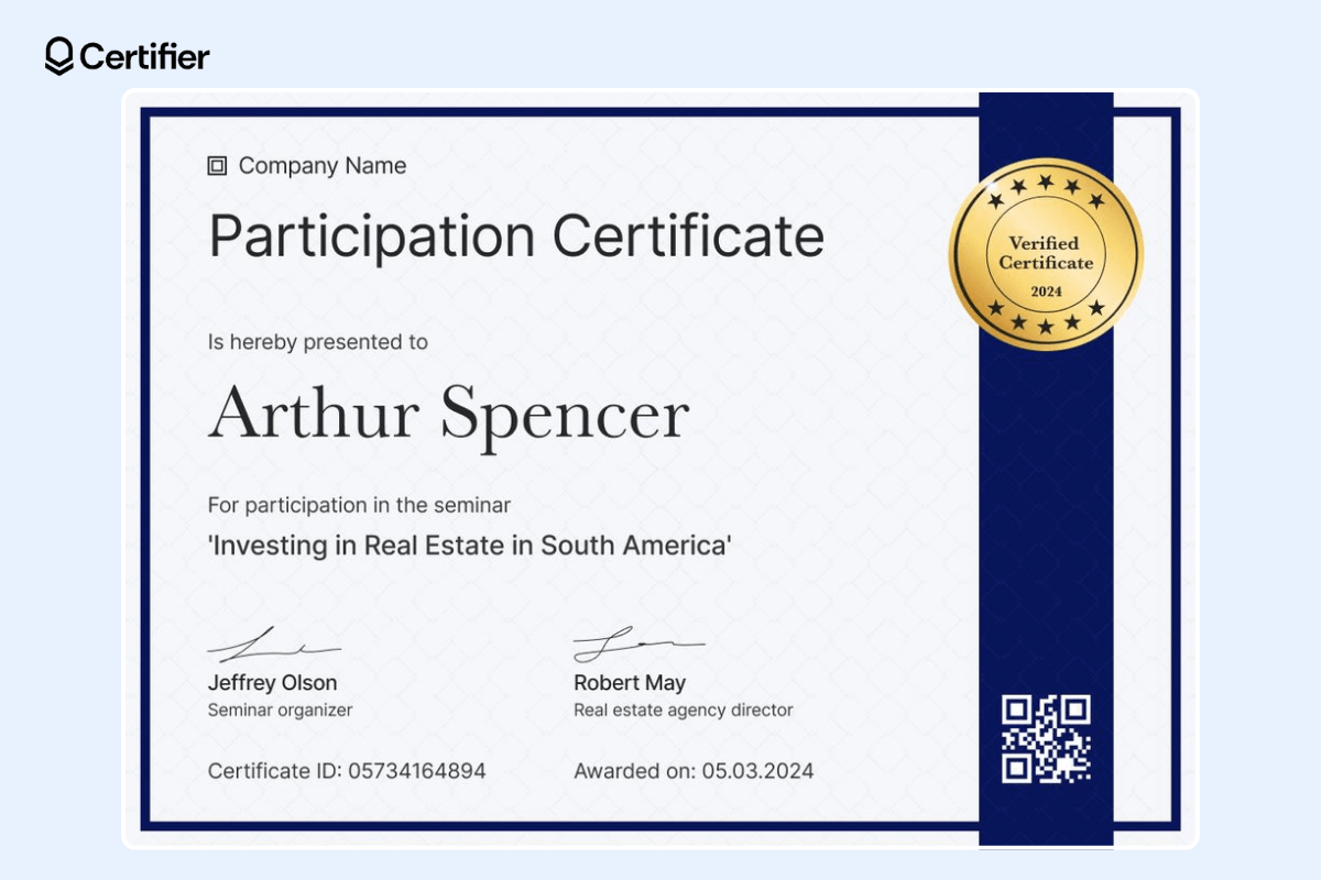 Participation certificate for workshops with dark blue ribbon and golden badge with a QR code inside.